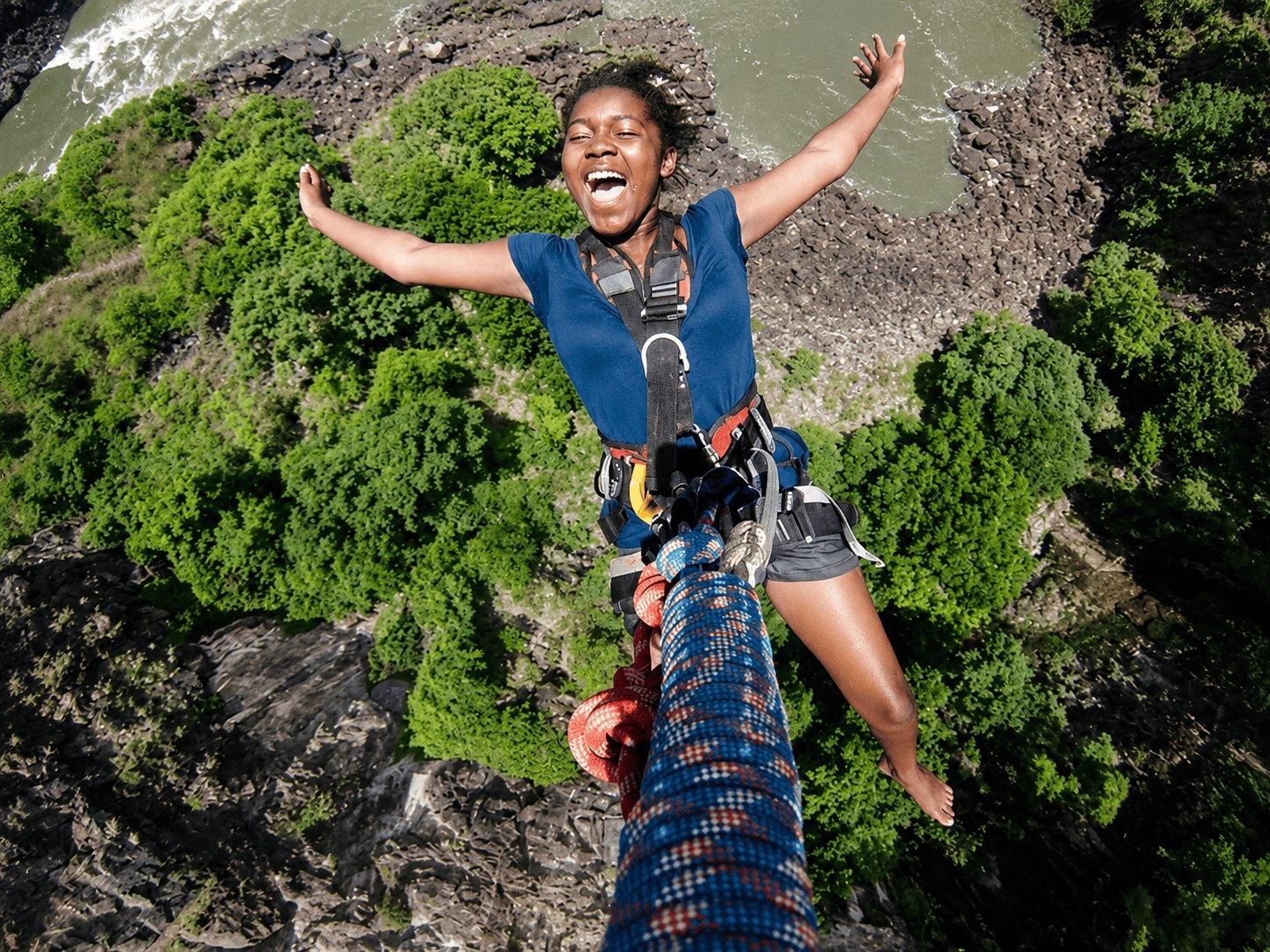 Guest bungee jumping over the Zambezi River gorge near Victoria Falls