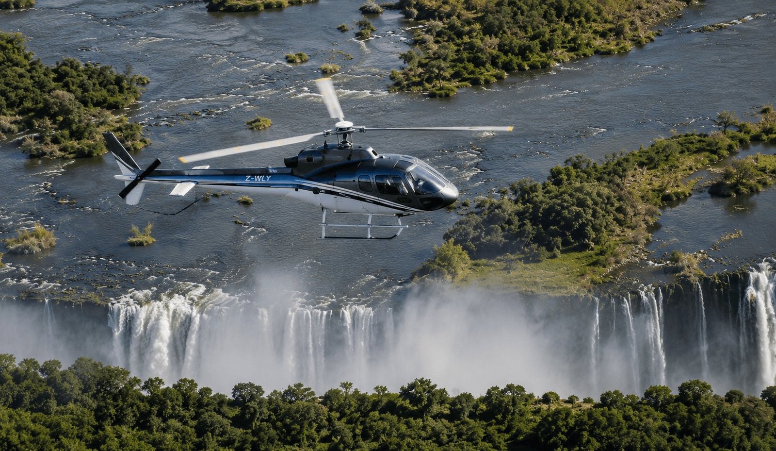 Helicopter flying over the Victoria Falls gorge